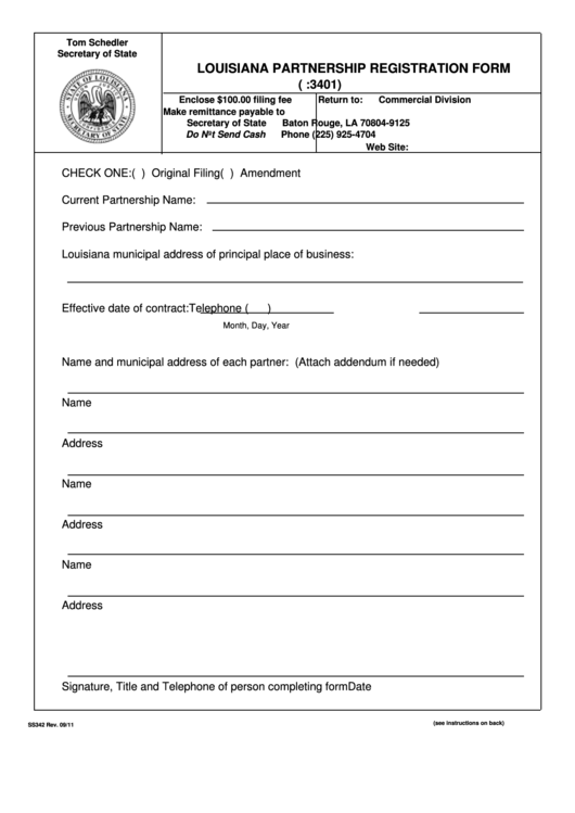 Form Ss342 - Louisiana Partnership Registration September 2011 Printable pdf