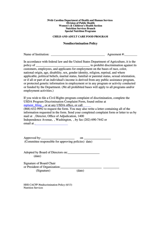 Child And Adult Care Food Program Nondiscrimination Policy Form - North Carolina Department Of Health And Human Services Printable pdf