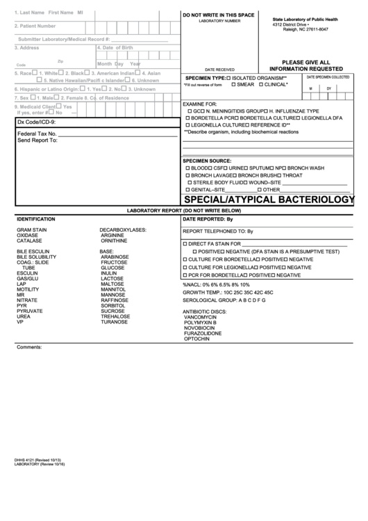 Form Dhhs 4121 - Special/atypical Bacteriology Printable pdf