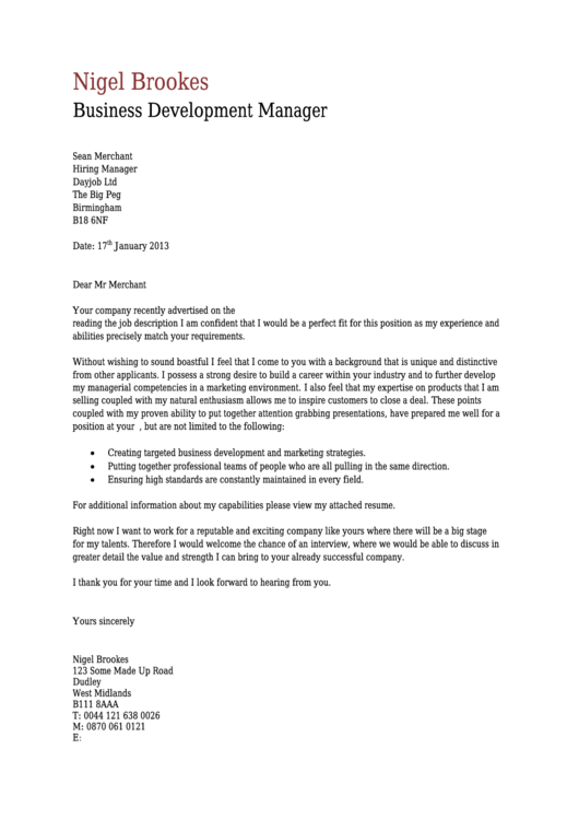 Business Development Manager Cover Letter Template Printable pdf