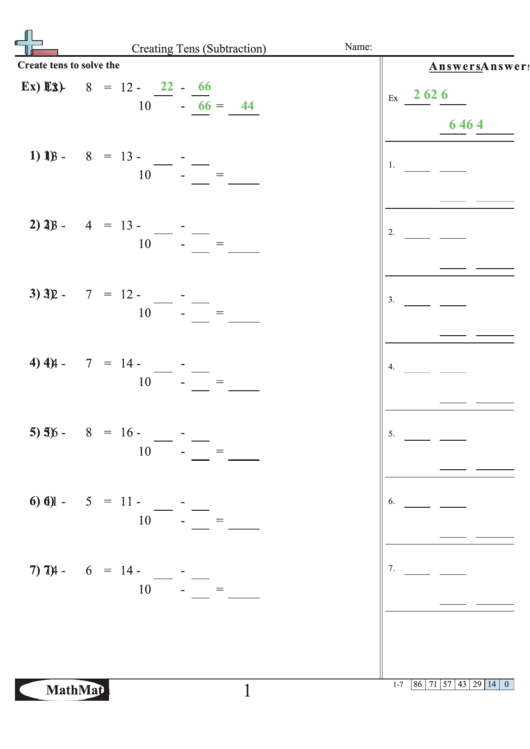 Creating Tens (Subtraction) Math Worksheet Printable pdf