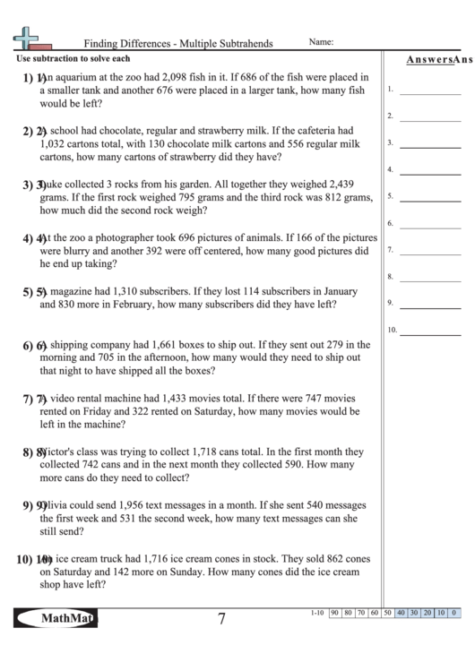 Finding Differences - Multiple Subtrahends Math Worksheet printable pdf ...