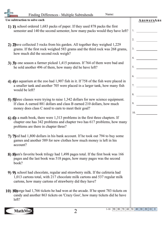 Finding Differences - Multiple Subtrahends Math Worksheet printable pdf ...