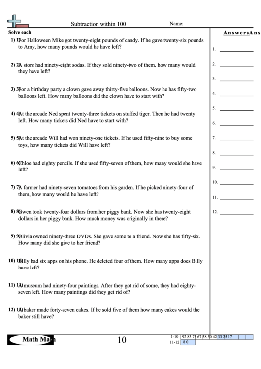 Subtraction within 100 math worksheet printable pdf download
