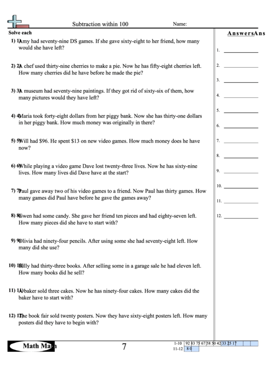 Subtraction Within 100 Math Worksheet printable pdf download