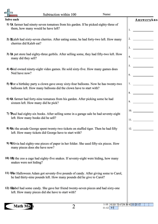 Subtraction Within 100 Math Worksheet printable pdf download