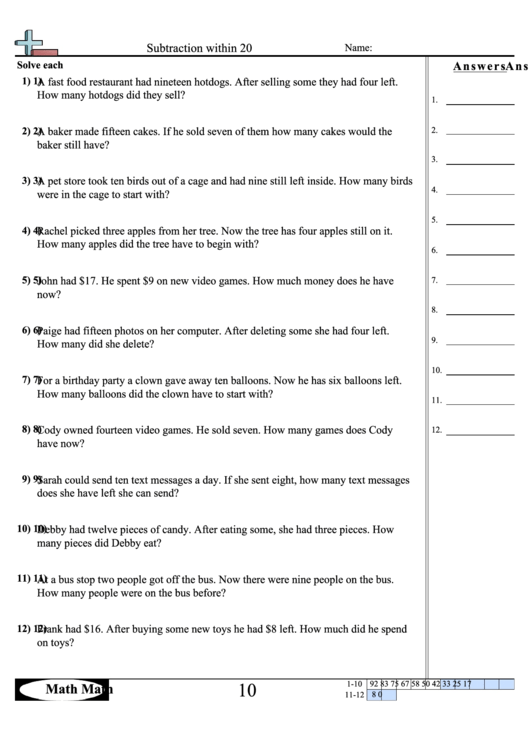 Subtraction Within 20 Math Worksheet printable pdf download