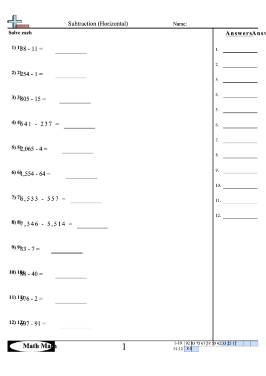 Subtraction (Horizontal) Math Worksheet Printable pdf