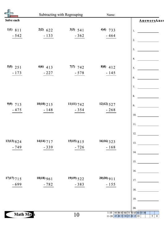 Subtracting With Regrouping Math Worksheet Printable pdf