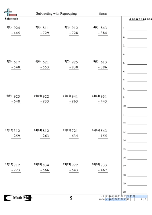 Subtracting With Regrouping Math Worksheet Printable pdf