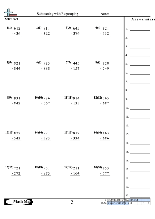 Subtracting With Regrouping Math Worksheet Printable pdf