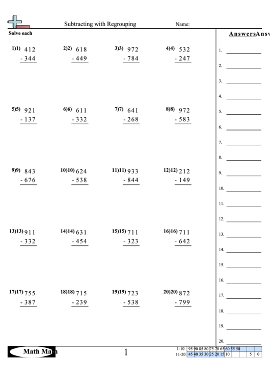 Subtracting With Regrouping Math Worksheet Printable pdf