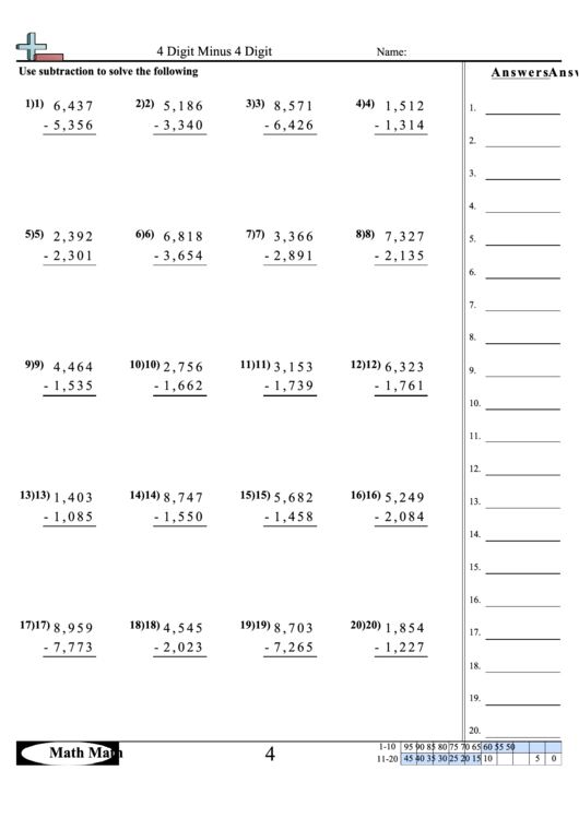 Math 4 Digit Minus 4 Digit Worksheet printable pdf download