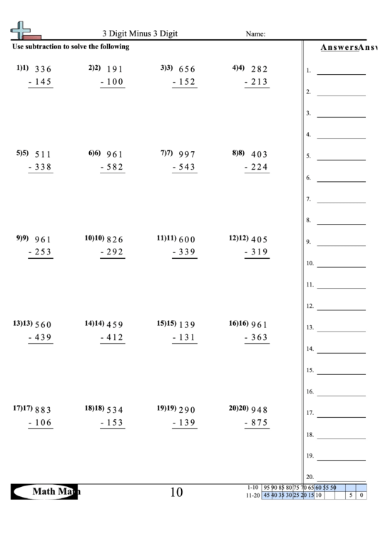 Math 3 Digit Minus 3 Digit Sheet Printable pdf