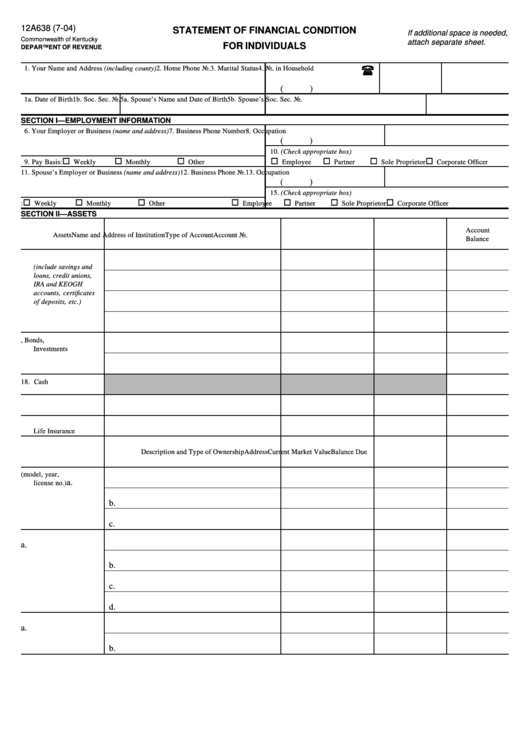 Form 12a638 - Statement Of Financial Condition For Individuals July 2004 Printable pdf