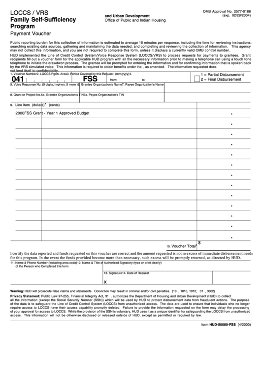Form Hud-50080-Fss - Family Self-Sufficiency Program Payment Voucher - 2000 Printable pdf