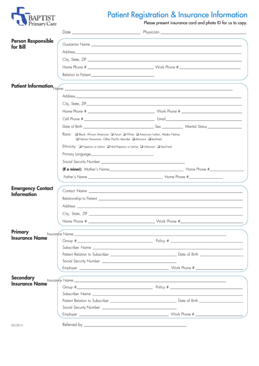 Patient Registration & Insurance Information Form Printable pdf