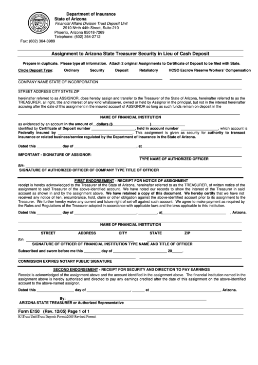 Fillable Form E150 - Assignment To Arizona State Treasurer Security In Lieu Of Cash Deposit Printable pdf