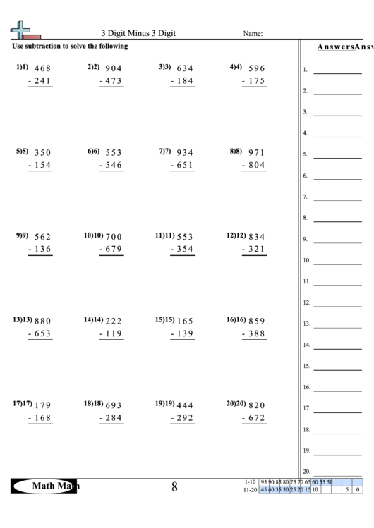 Math 3 Digit Minus 3 Digit Sheet Printable pdf