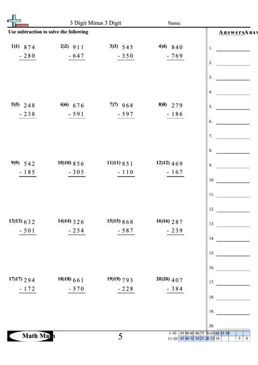 Math 3 Digit Minus 3 Digit Sheet Printable pdf