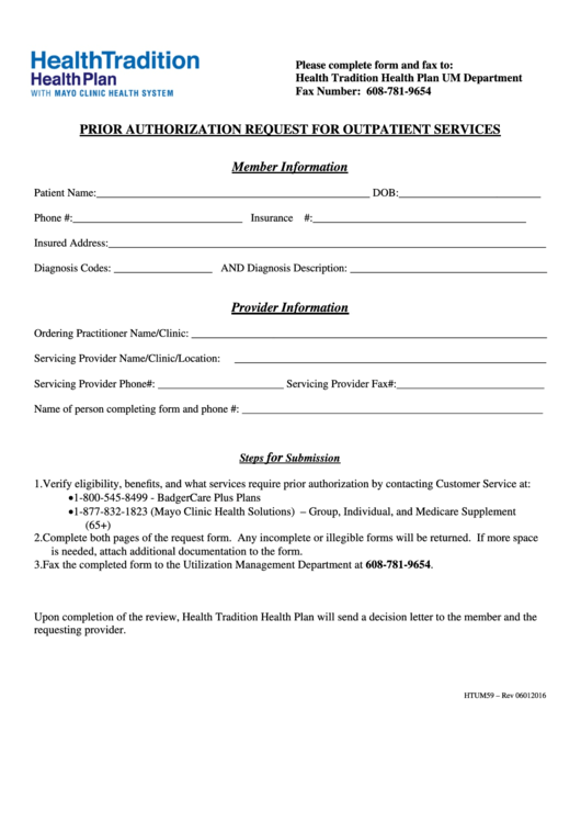 Fillable Form Htum59 - Prior Authorization Request For Outpatient Services Printable pdf