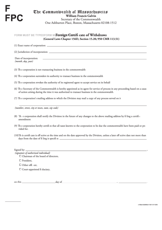 Fillable Form Fpc - Foreign Certificate Of Withdrawal January 2005 Printable pdf