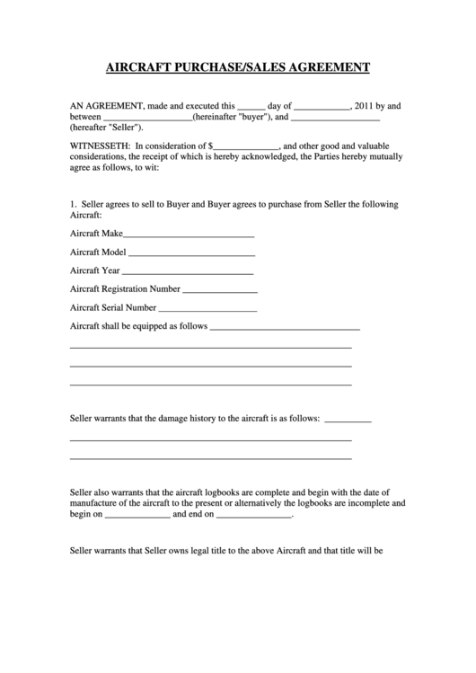 Fillable Aircraft Purchase/sales Agreement Form Printable pdf
