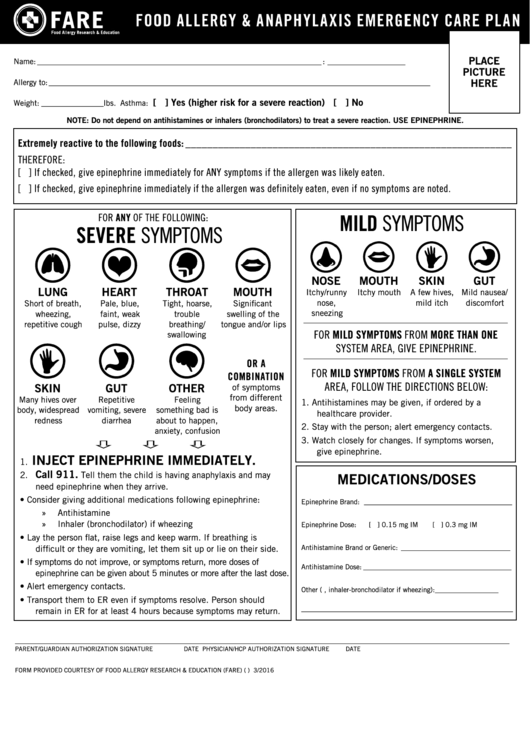 Fillable Food Allergy & Anaphylaxis Emergency Care Plan Form printable