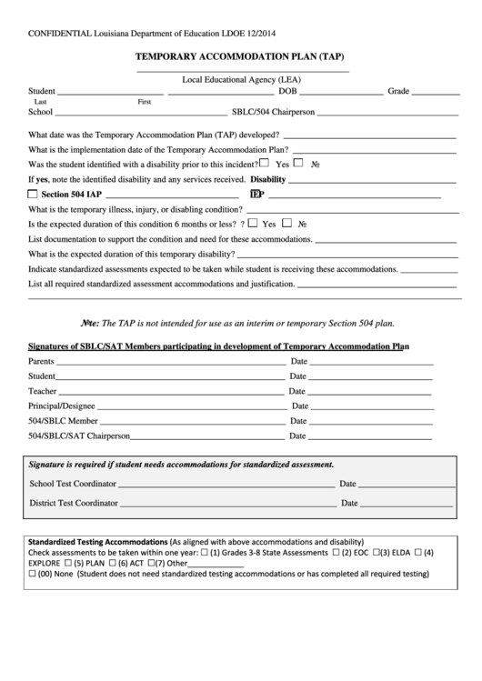 Fillable Temporary Accomodation Plan Form Printable pdf