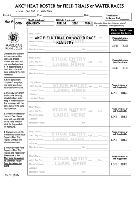Form Jeac11 - Heat Roster For Field Trials Or Water Races Printable pdf