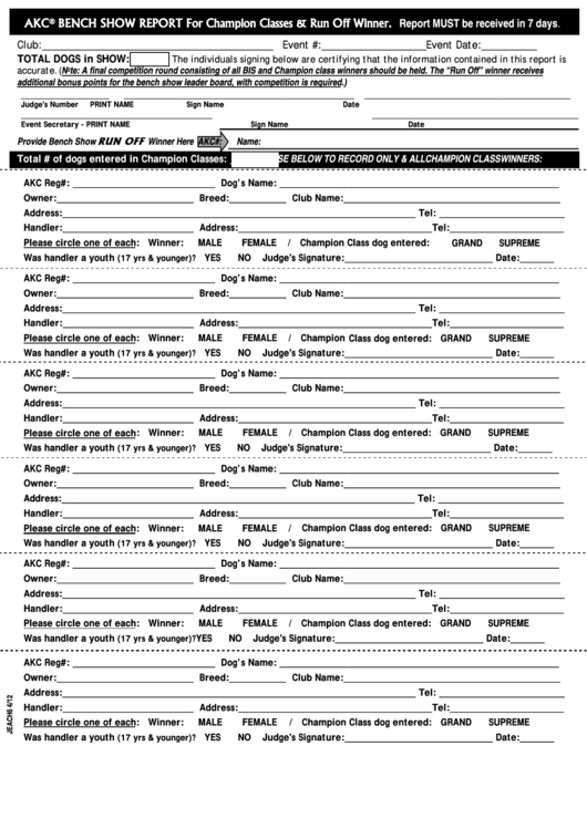 Form Jeach6 - Bench Show Report P1 Printable pdf