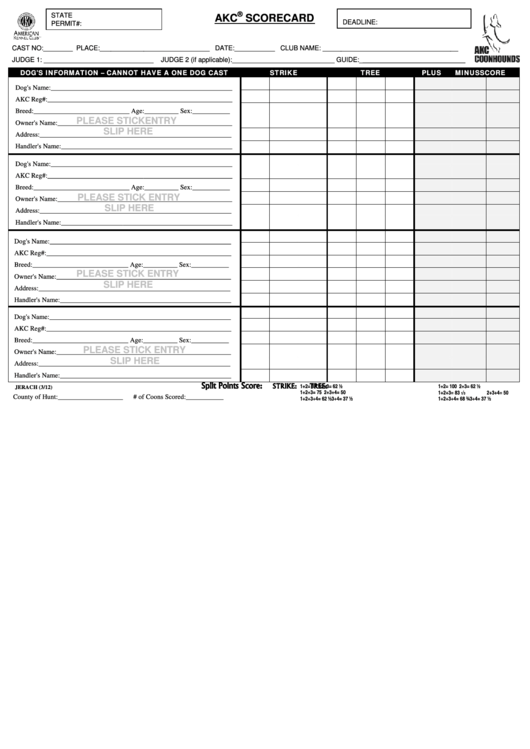 Form Jerach - Akc Scorecard - 2012 Printable pdf