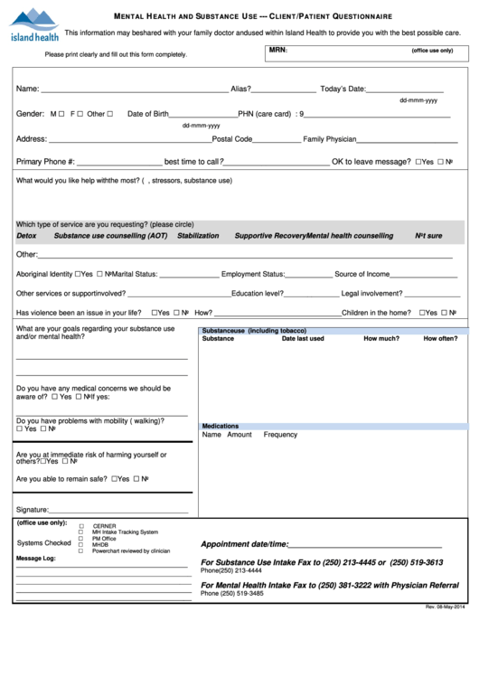 Fillable Client/patient Questionnaire Form Printable pdf