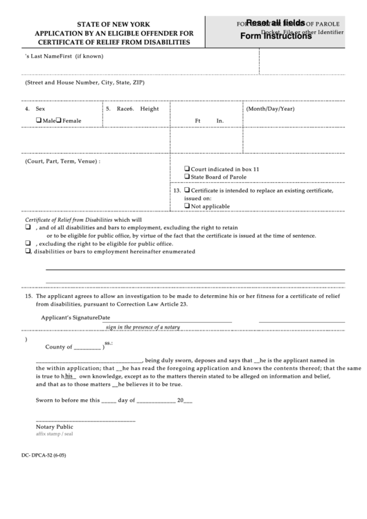 Fillable Form Dc- Dpca-52 - Application By An Eligible Offender For Certificate Of Relief From Disabilities Printable pdf