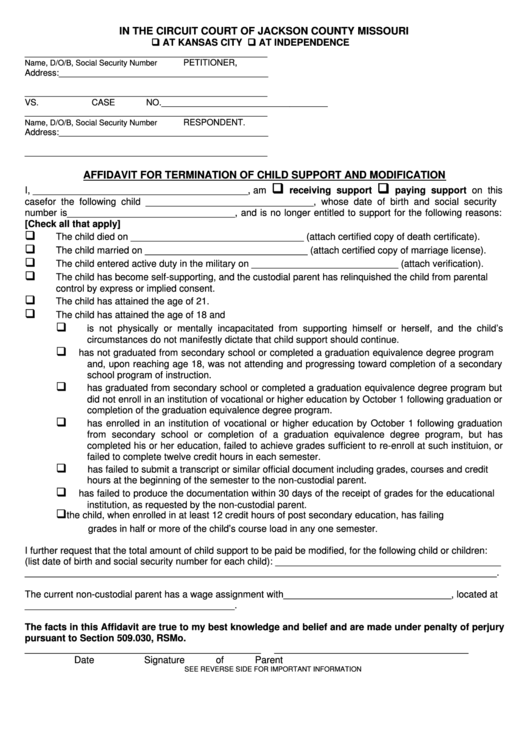 Fillable Affidavit For Termination Of Child Support And Modification Form Printable pdf