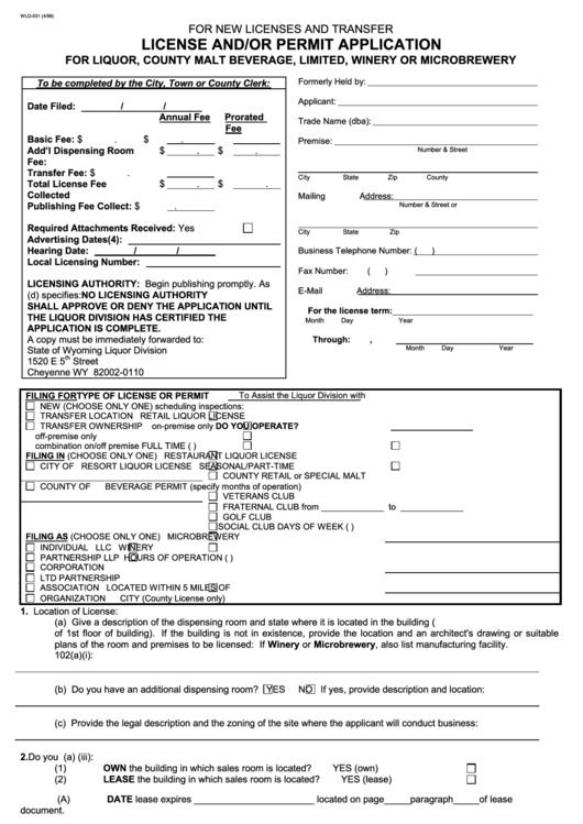 Form Wld-031 - For Liquor, County Malt Beverage, Limited, Winery Or Microbrewery Printable pdf