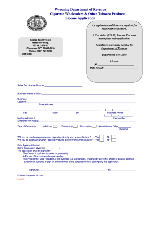 Form 002 - Cigarette Wholesalers & Other Tobacco Products License Application Printable pdf