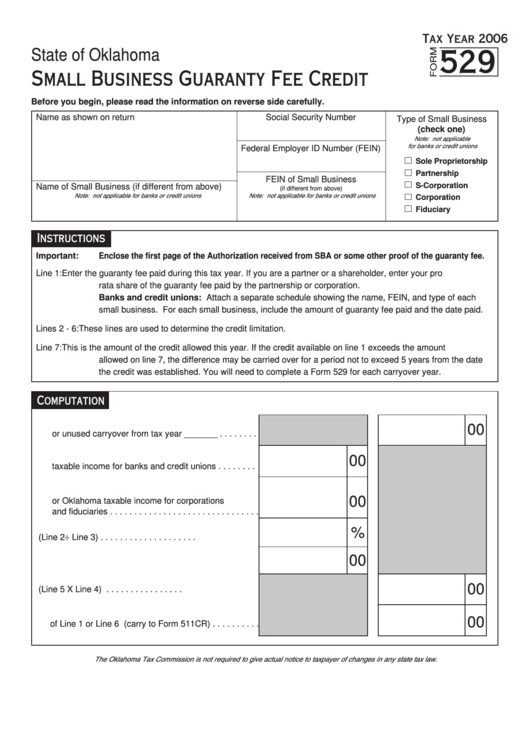 Fillable Form 529 - Small Business Guaranty Fee Credit - 2006 Printable pdf
