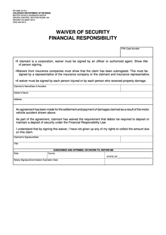 Fillable Form Dr 2090 - Waiver Of Security Financial Responsibility January 2001 Printable pdf
