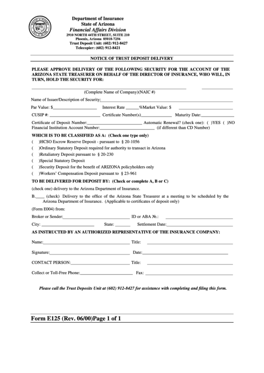 Form E125 - Notice Of Trust Deposit Delivery June 2000 Printable pdf