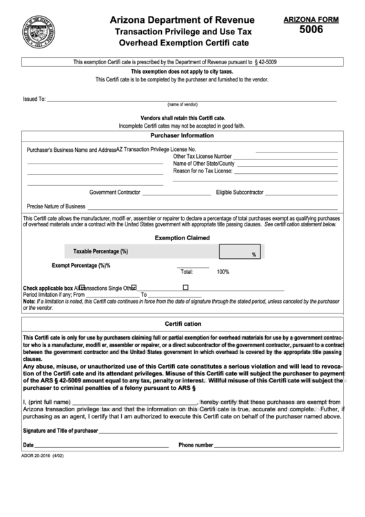 Fillable Form 5006 - Transaction Privilege And Use Tax Overhead Exemption Certificate April 2002 Printable pdf