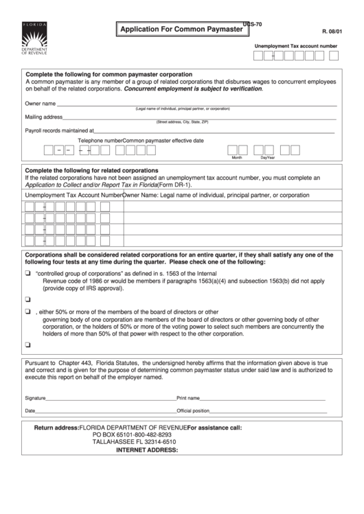 Form Ucs-70 - Application For Common Paymaster 2001 Printable pdf