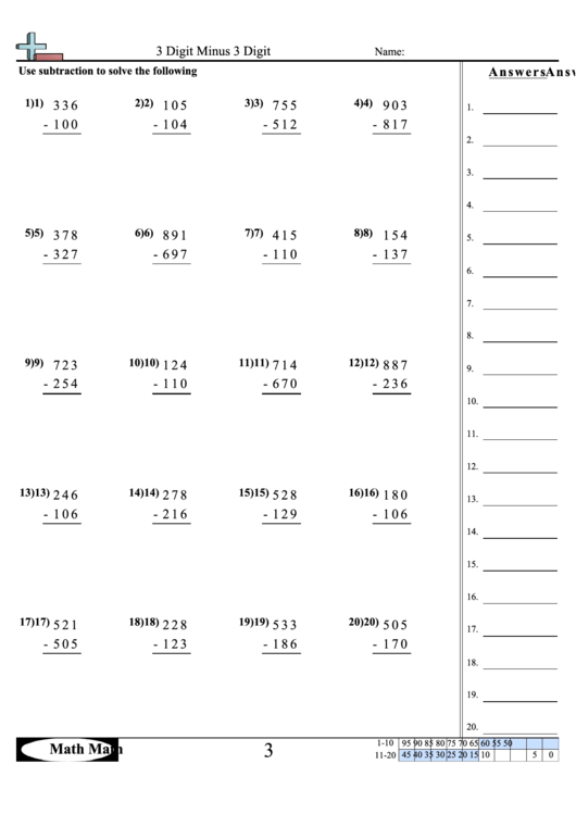 Math 3 Digit Minus 3 Digit Sheet Printable pdf