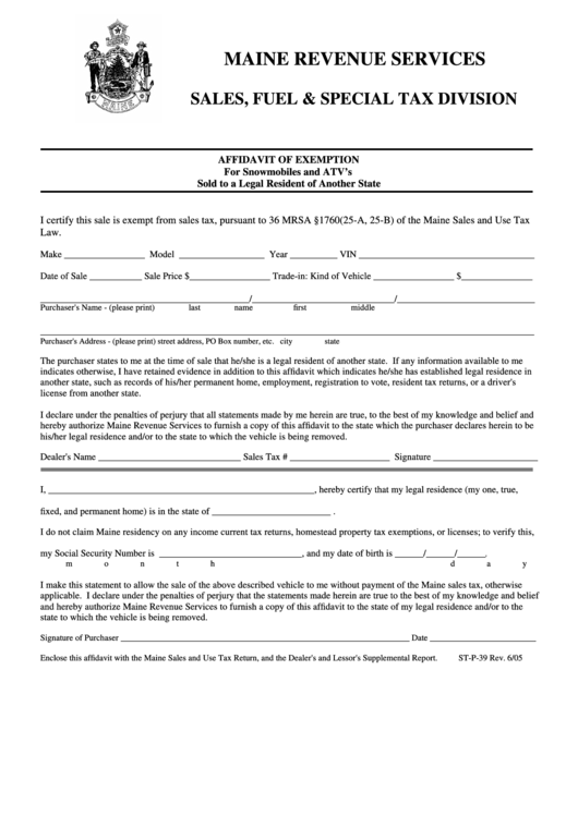 Form St-P-39 - Affidavit Of Exemption For Snowmobiles And Atv