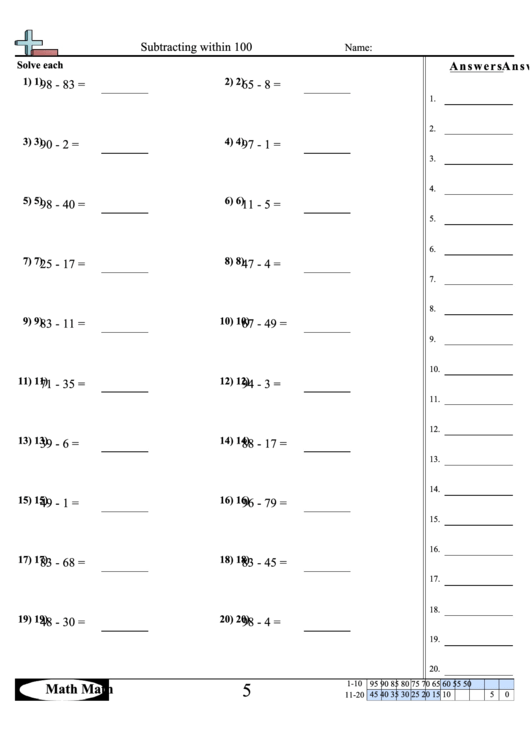 Math Subtracting Within 100 Sheet printable pdf download