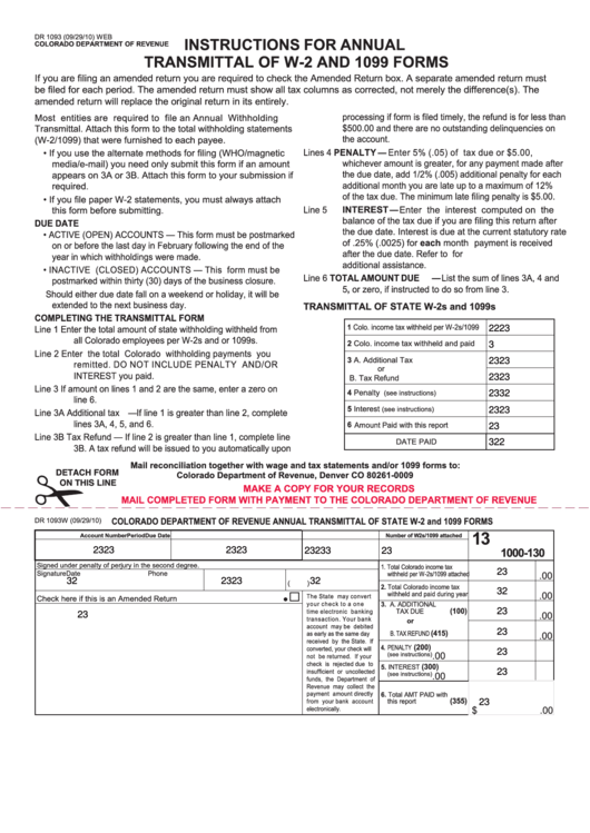 Form Dr 1093 - Instructions For Annual Transmittal Of W-2 And 1099 Forms Printable pdf