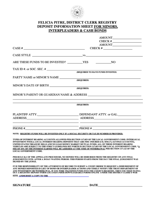 Deposit Information Sheet For Minors, Interpleaders & Cash Bonds Form Printable pdf