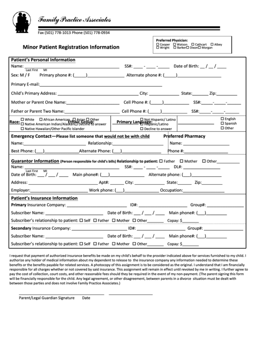 Minor Patient Registration Information Form Printable pdf