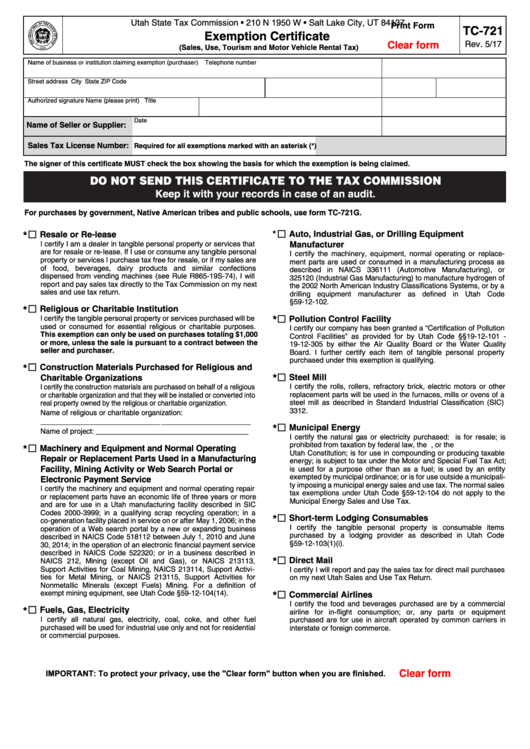 Fillable Form Tc-721 - Exemption Certificate Printable pdf