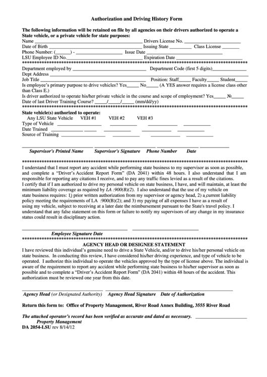 Fillable Da Form 2054-Lsu -Authorization And Driving History August 2012 Printable pdf